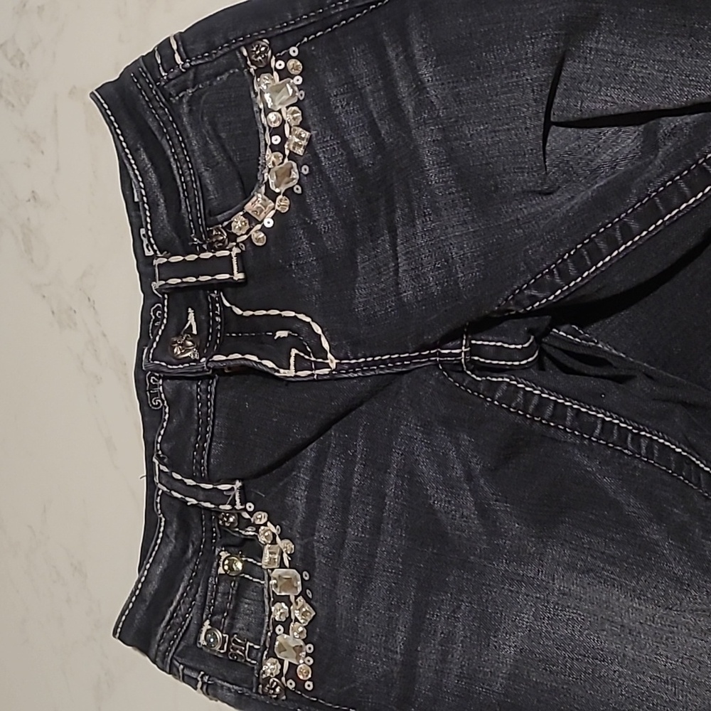 Miss Me  Jeans with White Stitching and Rhinestones Dark Blue Or Black Sz 24 - Picture 4 of 12